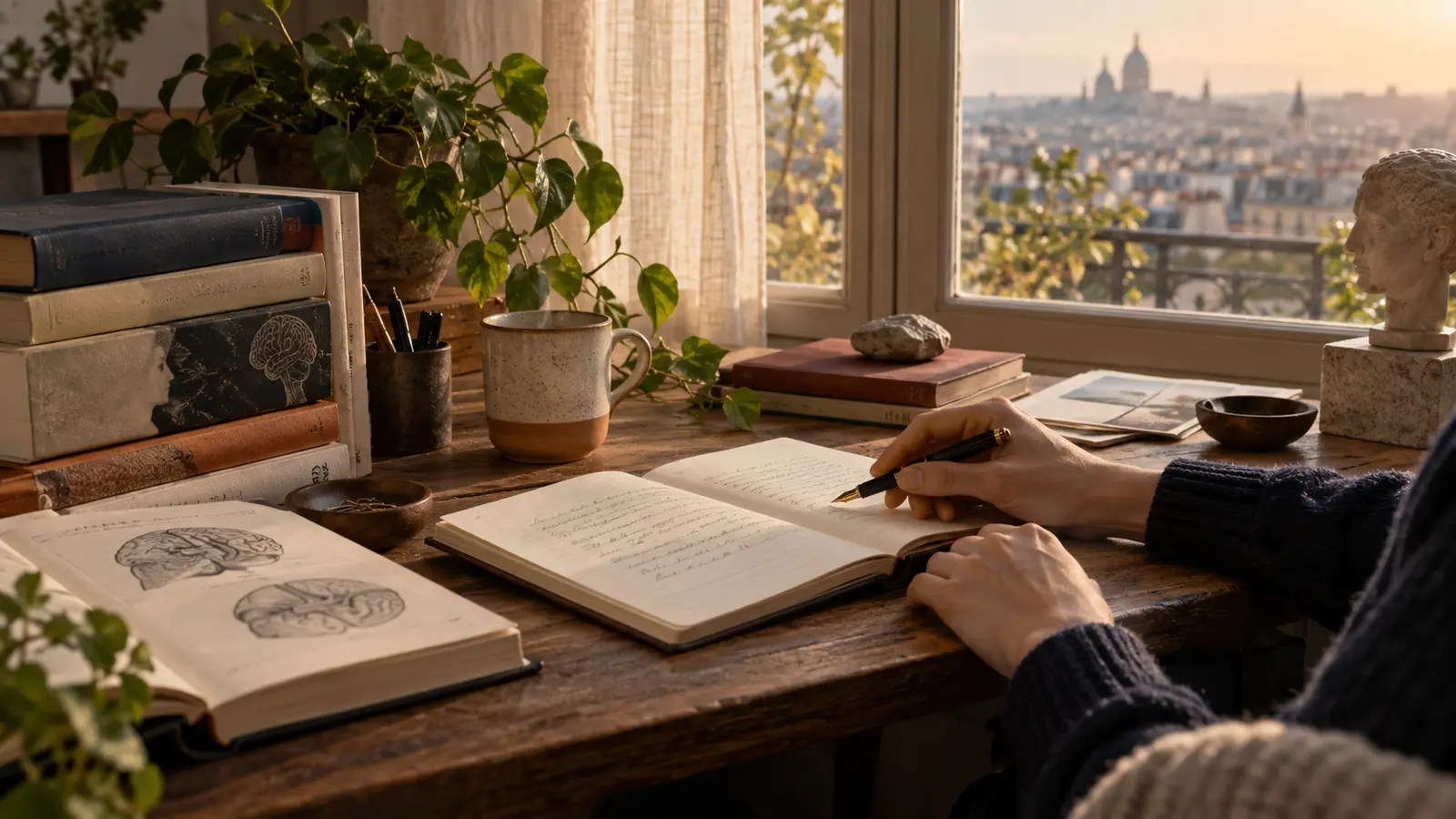 Un carnet, des livres et une main qui écrit près d’une fenêtre.