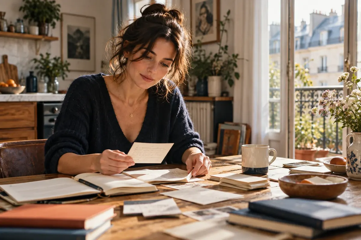Une femme organise des notes et un agenda autour d’une table, dans un appartement baigné de lumière. Illustration éditoriale, sans lien avec un diagnostic.