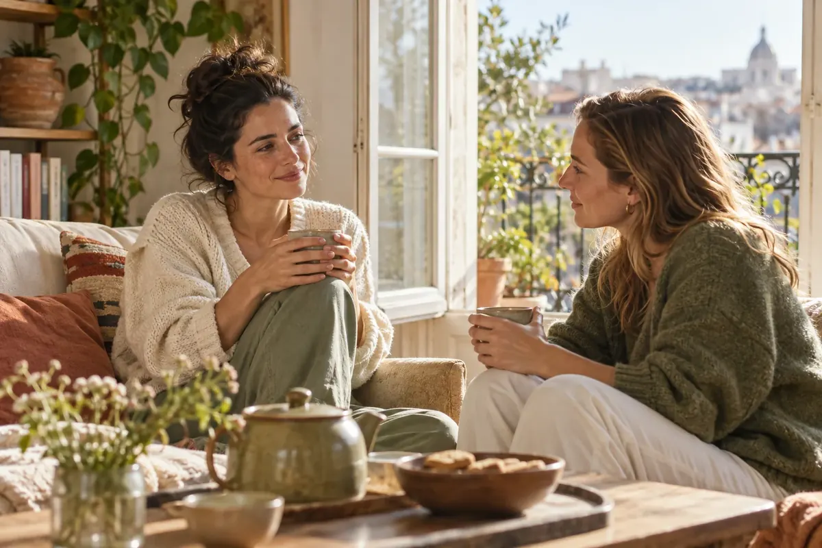 Deux amies partagent un moment calme près d’une fenêtre ouverte, dans un salon lumineux. Illustration éditoriale, sans représenter un vécu précis.