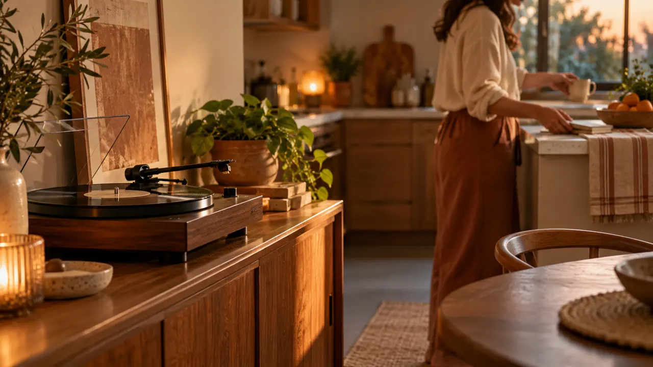 Un tourne-disque avec un vinyle dans une pièce baignée de lumière, tandis qu’une personne prépare une boisson à l’arrière-plan.