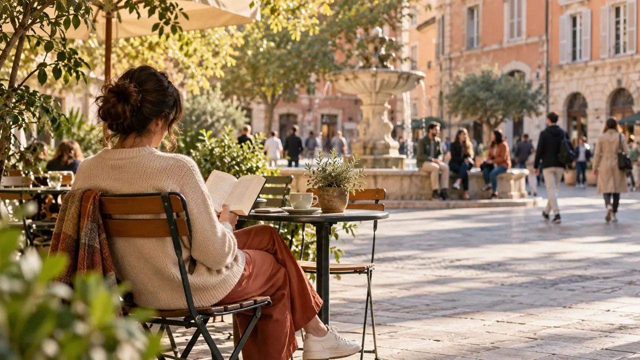 Une personne lit à la terrasse d’un café, dans une place animée et lumineuse.