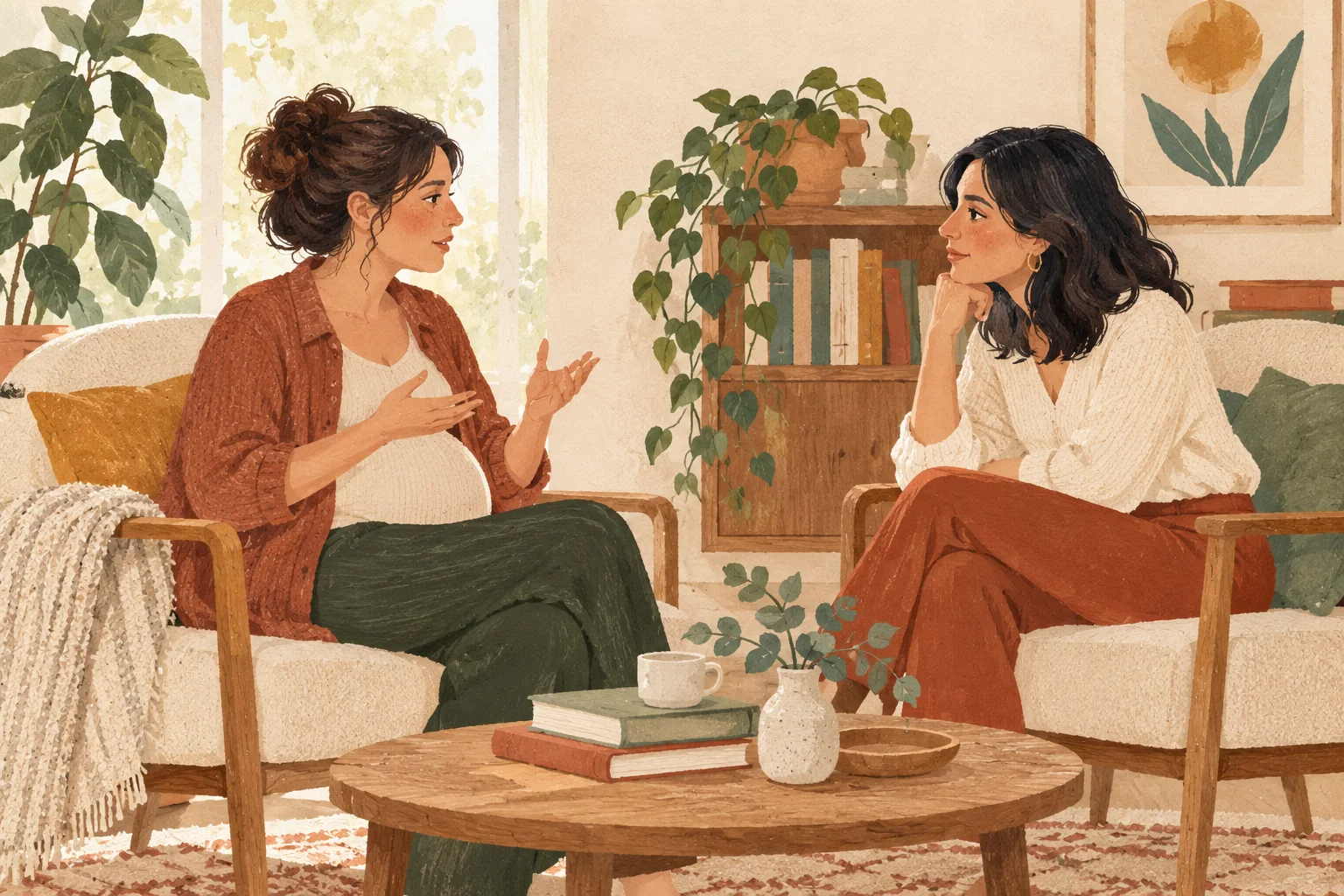 Illustration : deux adultes échangent dans une pièce accueillante.