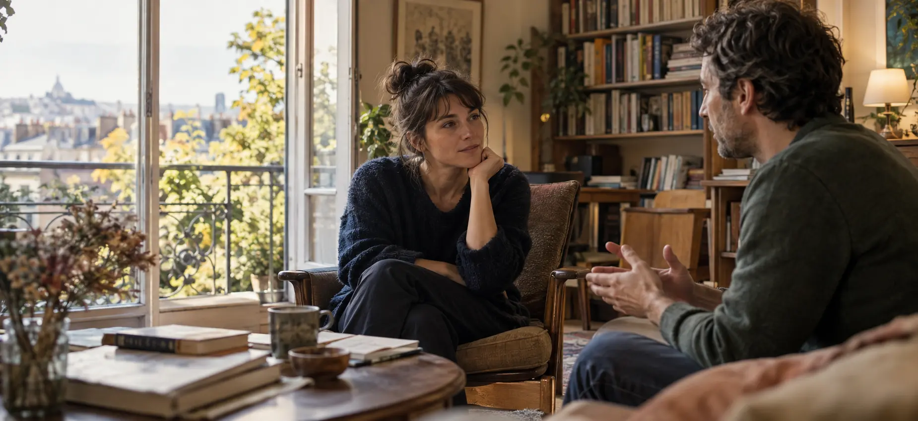 Deux adultes discutent dans un salon entouré de livres.