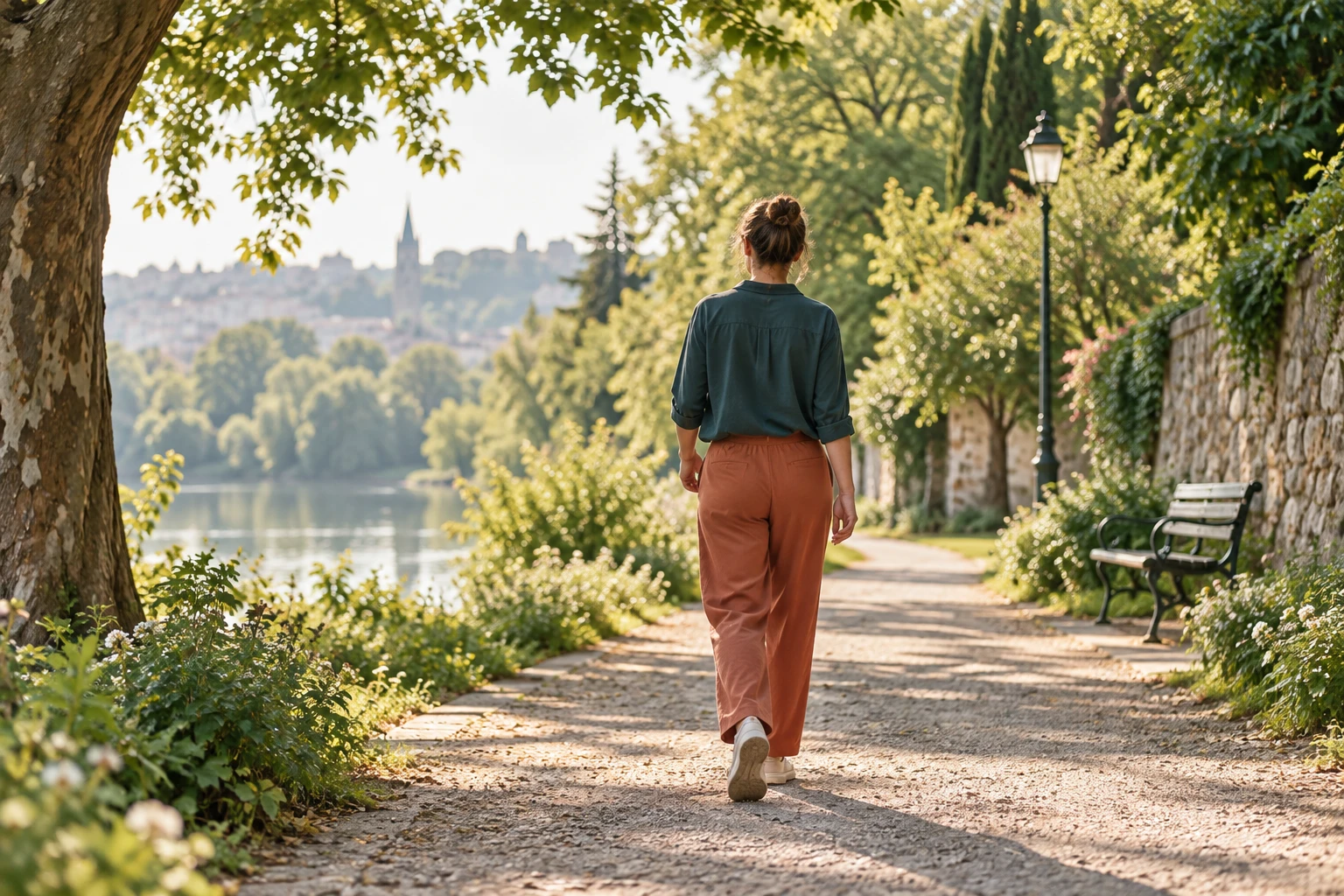 Une personne vue de dos marche sur une allée de parc arborée dans une lumière matinale.
